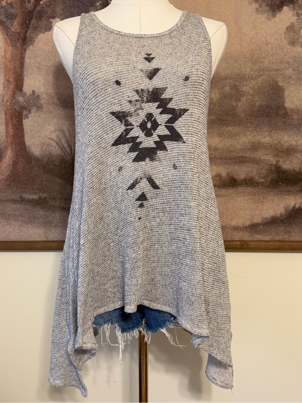 Hollister Gray Knit Tank with Black Aztec Graphic
